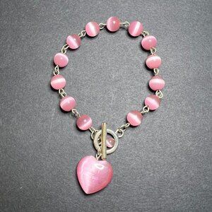 Shimmering Pink Glass Beaded Heart Chain Toggle Clasp Bracelet 7.5"